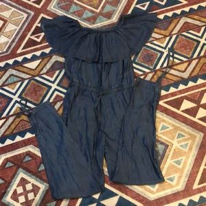 Denim jumpsuit ruffle top tie ankles